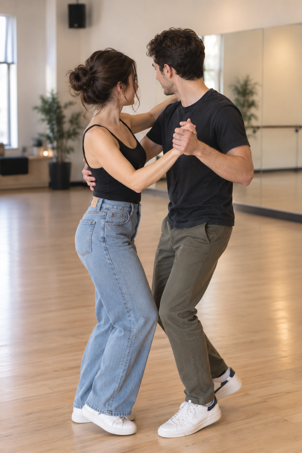Couple rehearsing their first dance choreography at Beach Ballroom studio in Toronto